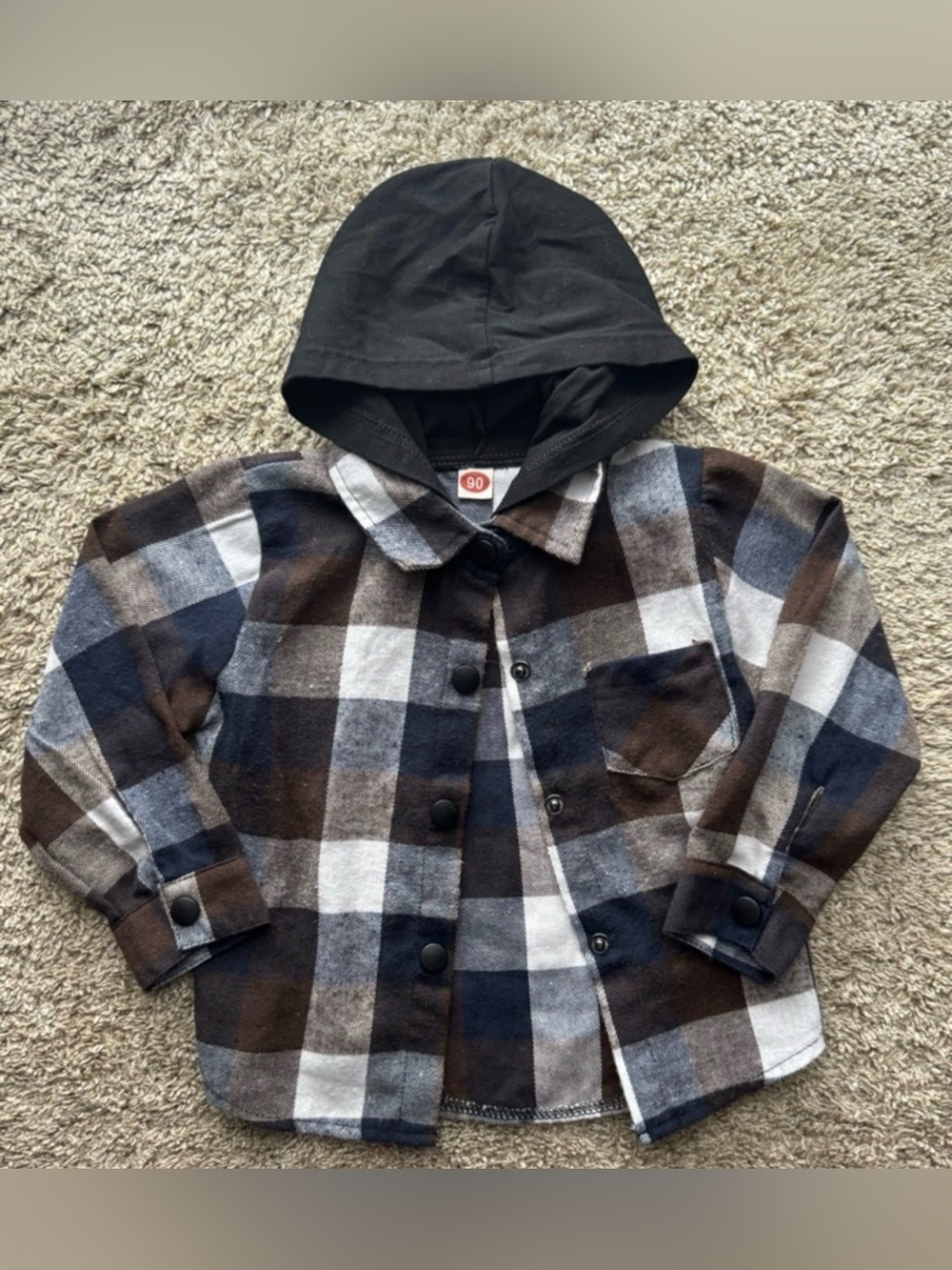 Toddler Hooded Buffalo Plaid Flannel Shacket Jacket Size 90 Black Brown Gray